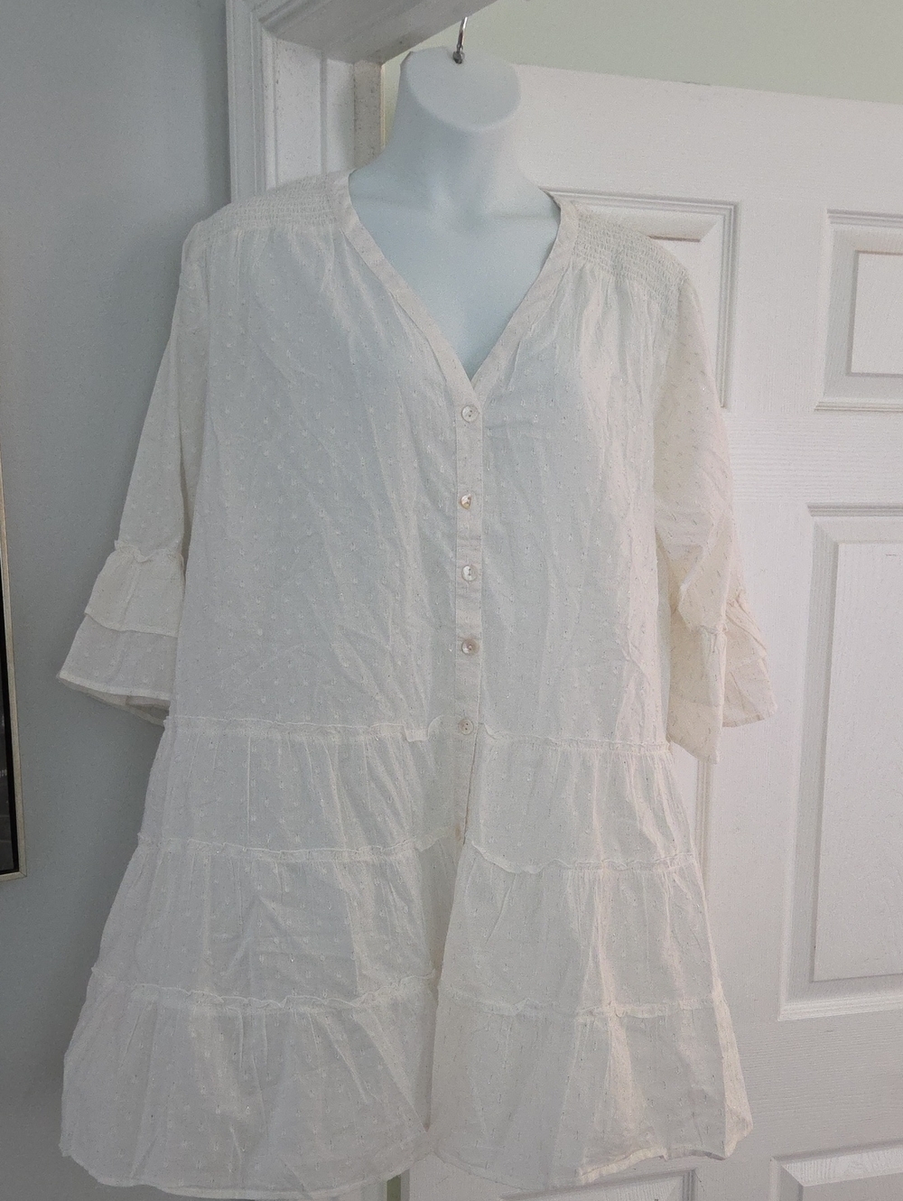 blue island Cream White Button-Down Tiered Peasant Style Swim Cover UP.